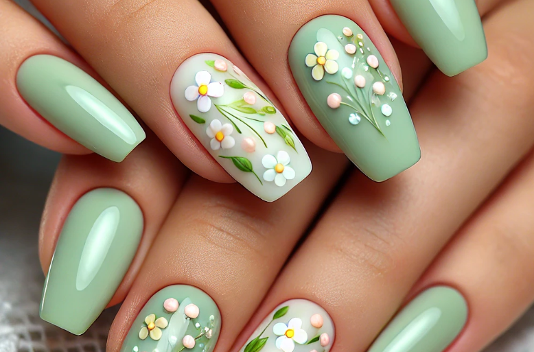 Light Green Nails with Flowers: Stunning Spring & Summer Nail Art Ideas!" 🌿